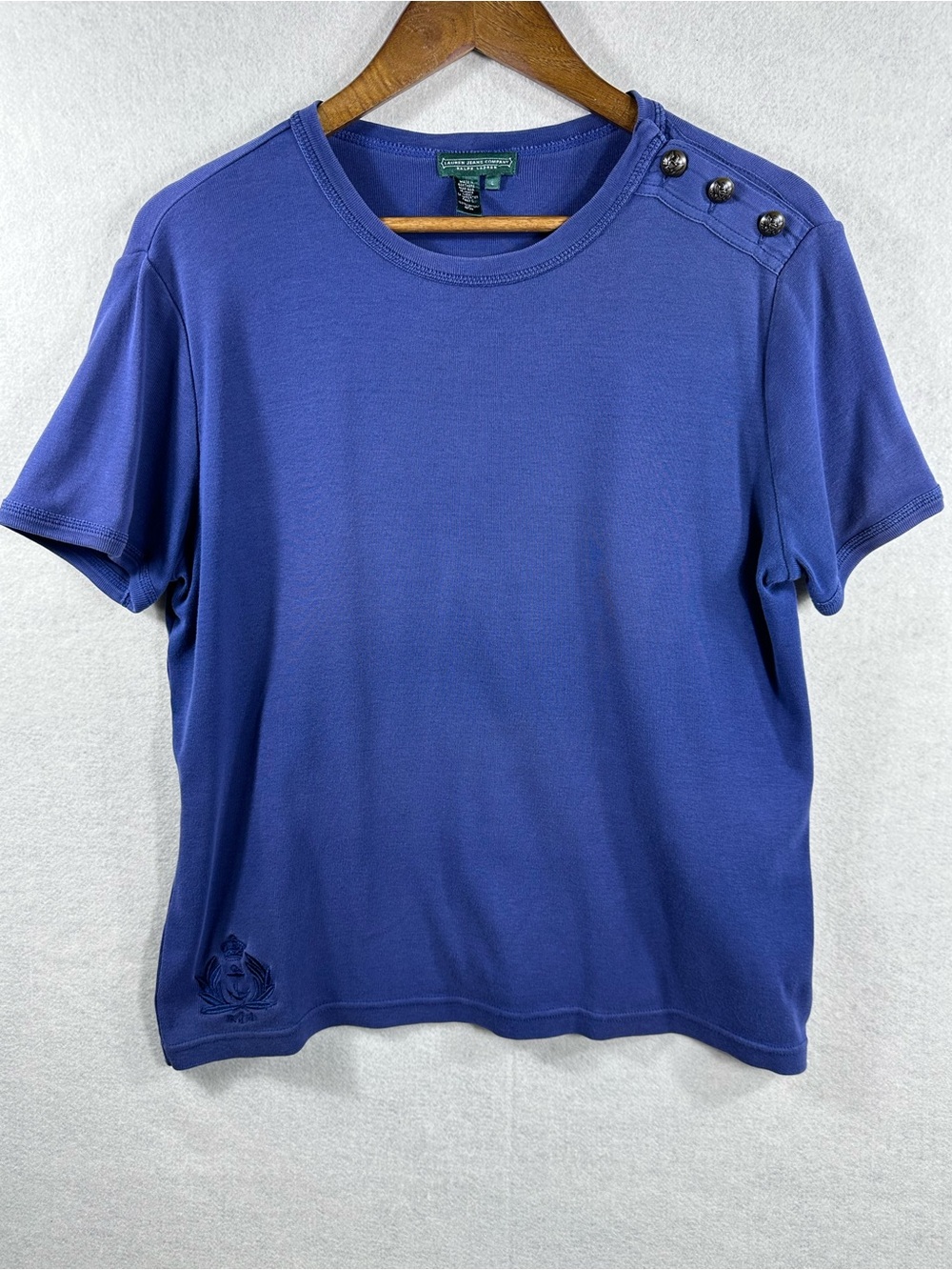 Lauren Jeans Co Ralph Lauren Blue Nautical Button Shoulder Cotton Tee Women’s L
